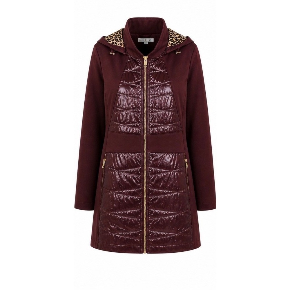 Via Spiga Womens 2X Burgundy Mixed Media‎ Quilted Hooded Jacket Leopard Lining